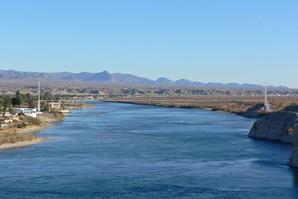 Colorado River at Bullhead City with desert mountains beyond